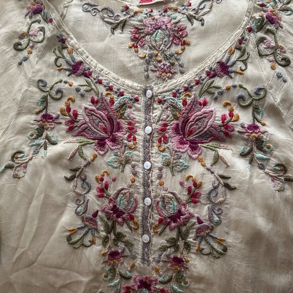 Johnny Was Semi-Sheer Cream Embroidered Rayon Tunic - Picture 3 of 10